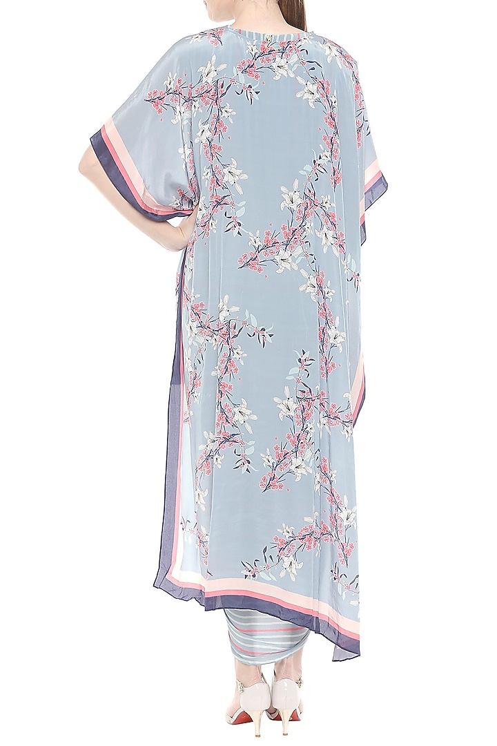 Pink & Blue Printed Draped Vacation Dress With Cape Jacket by Soup by Sougat Paul at Pernia's Pop Up Shop