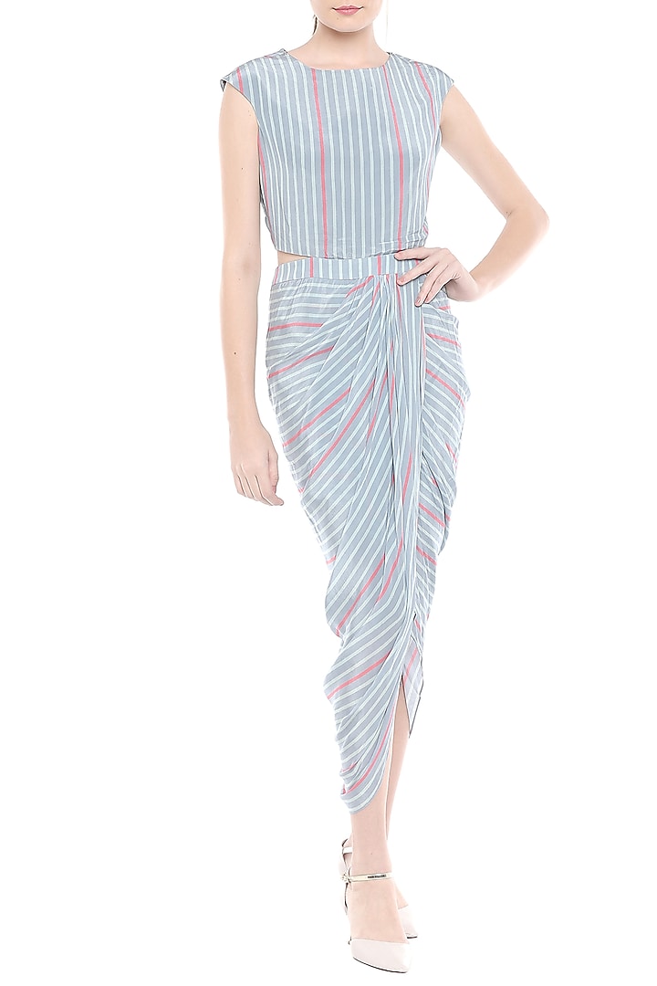 Pink & Blue Printed Draped Vacation Dress With Cape Jacket by Soup by Sougat Paul at Pernia's Pop Up Shop