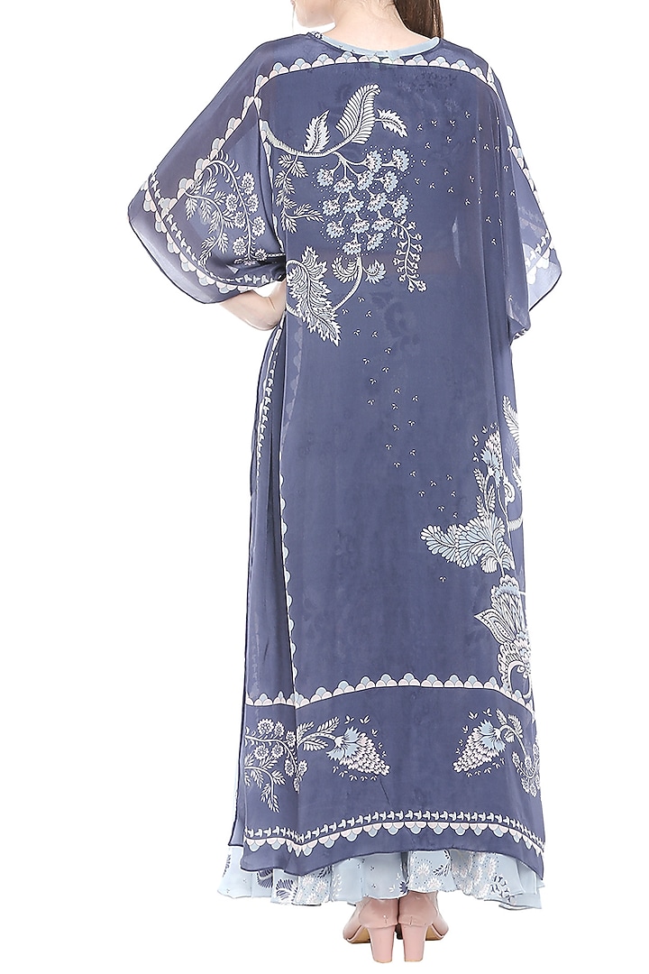 Blue Printed Crop Top With Skirt & Cape by Soup by Sougat Paul at Pernia's Pop Up Shop