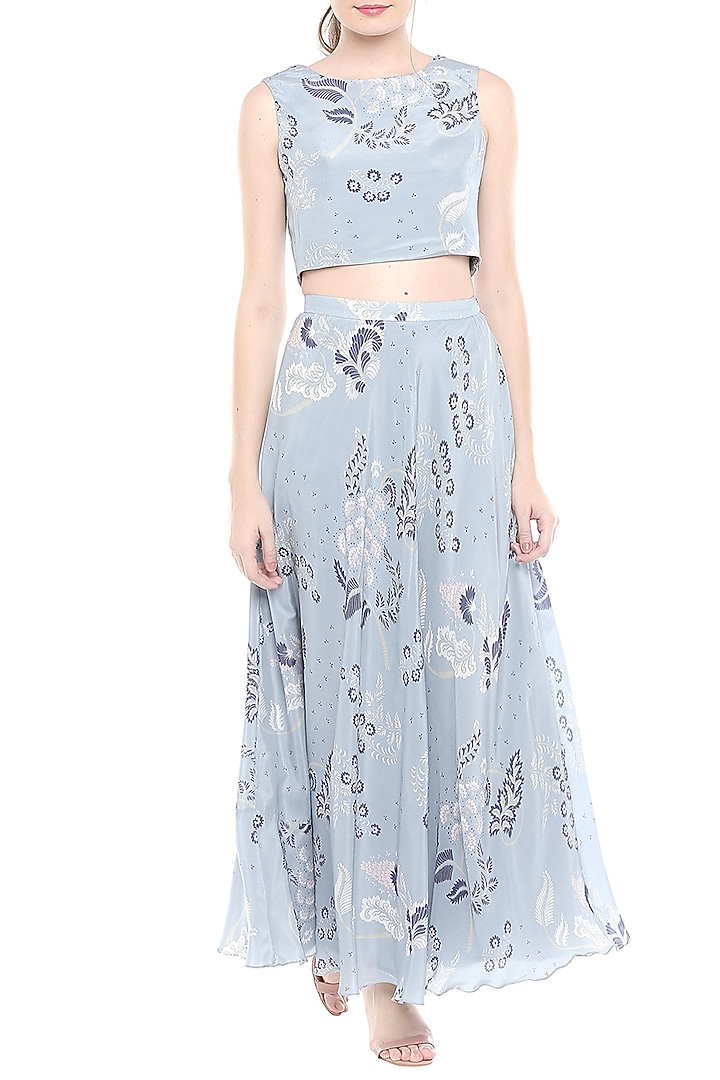 Blue Printed Crop Top With Skirt & Cape by Soup by Sougat Paul at Pernia's Pop Up Shop