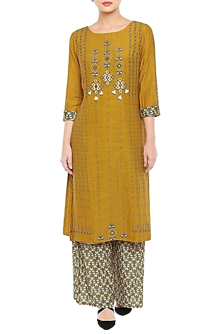 Mustard Printed Kurta With Grey Palazzo Pants by Soup by Sougat Paul