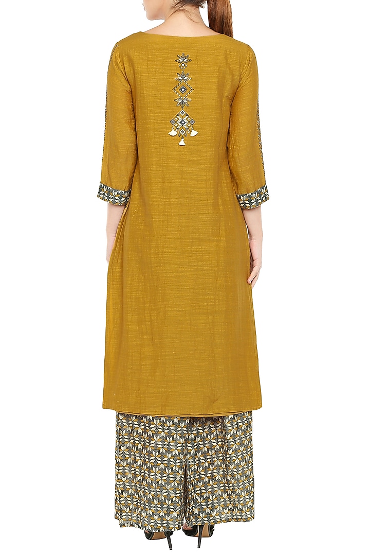 Mustard Printed Kurta With Grey Palazzo Pants by Soup by Sougat Paul at Pernia's Pop Up Shop