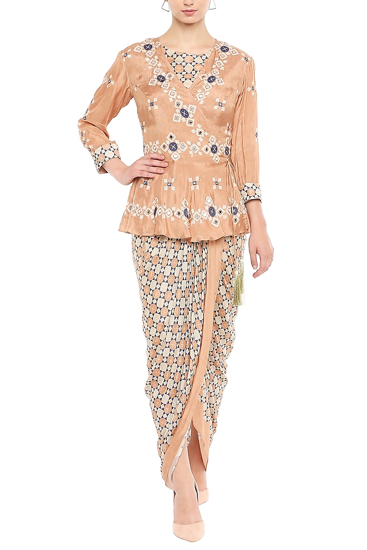 Peach Draped Dress With Embellished Jacket by Soup by Sougat Paul