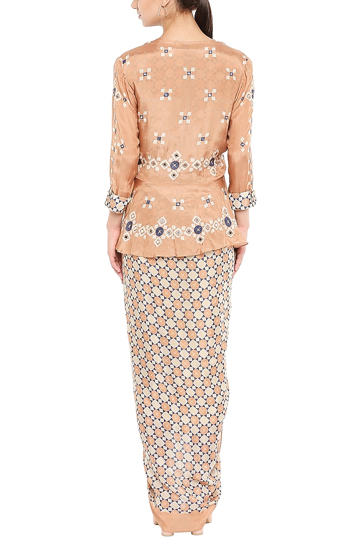 Peach Draped Vacation Dress With Embellished Jacket by Soup by Sougat Paul at Pernia's Pop Up Shop