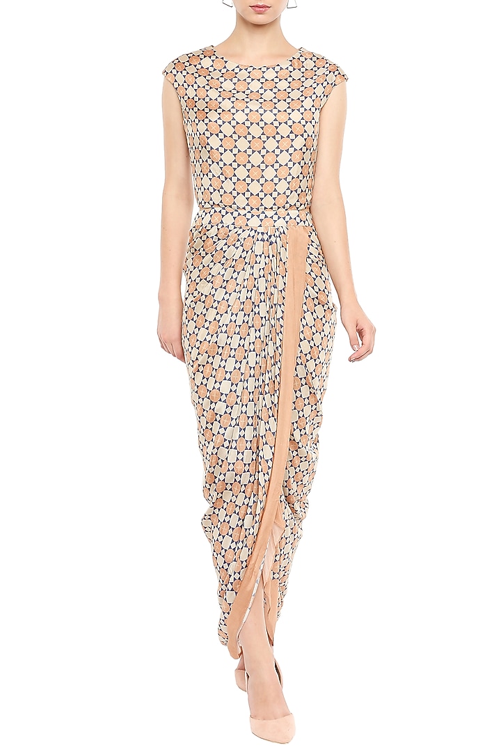 Peach Draped Vacation Dress With Embellished Jacket by Soup by Sougat Paul at Pernia's Pop Up Shop