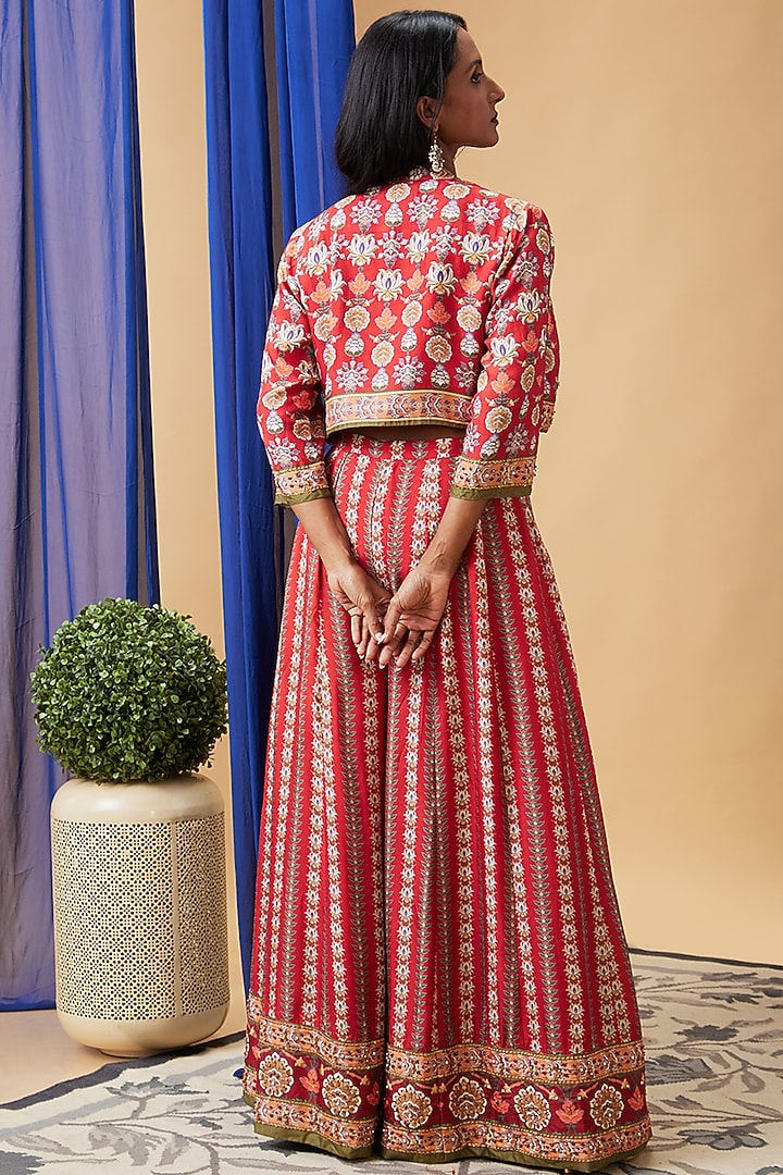 Red Malaysian Silk Embroidered Palazzo Set by Soup by Sougat Paul at Pernia's Pop Up Shop
