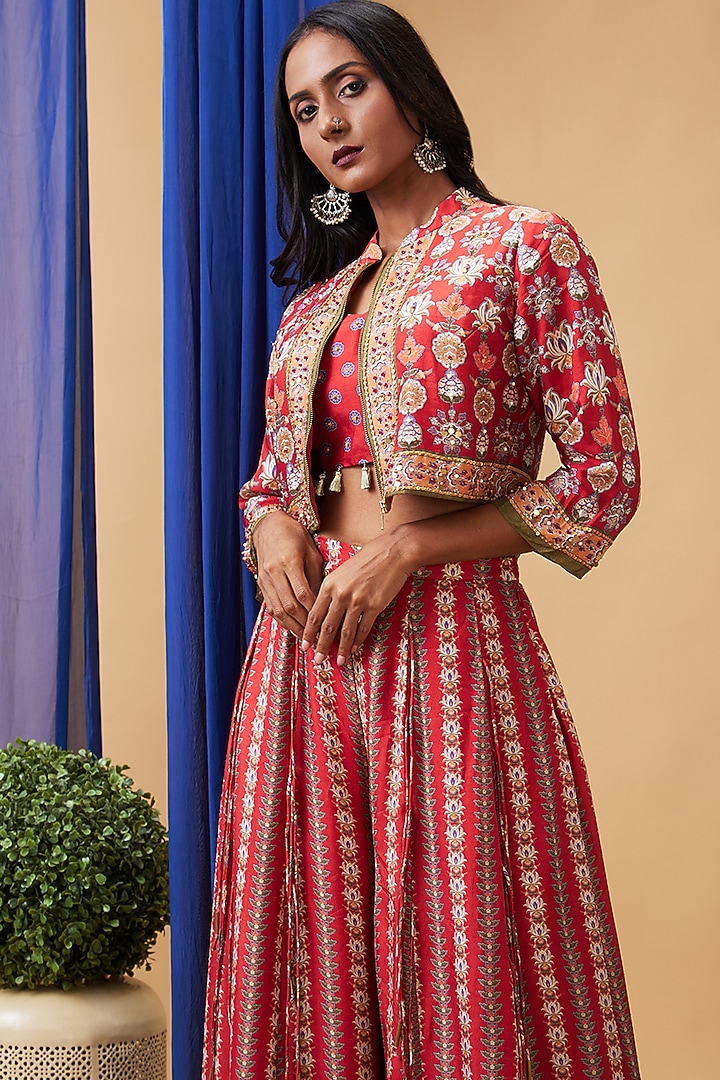 Red Malaysian Silk Embroidered Palazzo Set by Soup by Sougat Paul at Pernia's Pop Up Shop