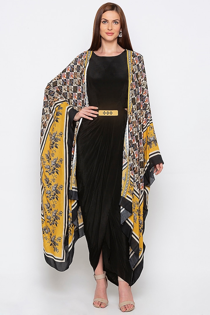 Yellow Embroidered Printed Cape Jacket With Black Dress by Soup by Sougat Paul