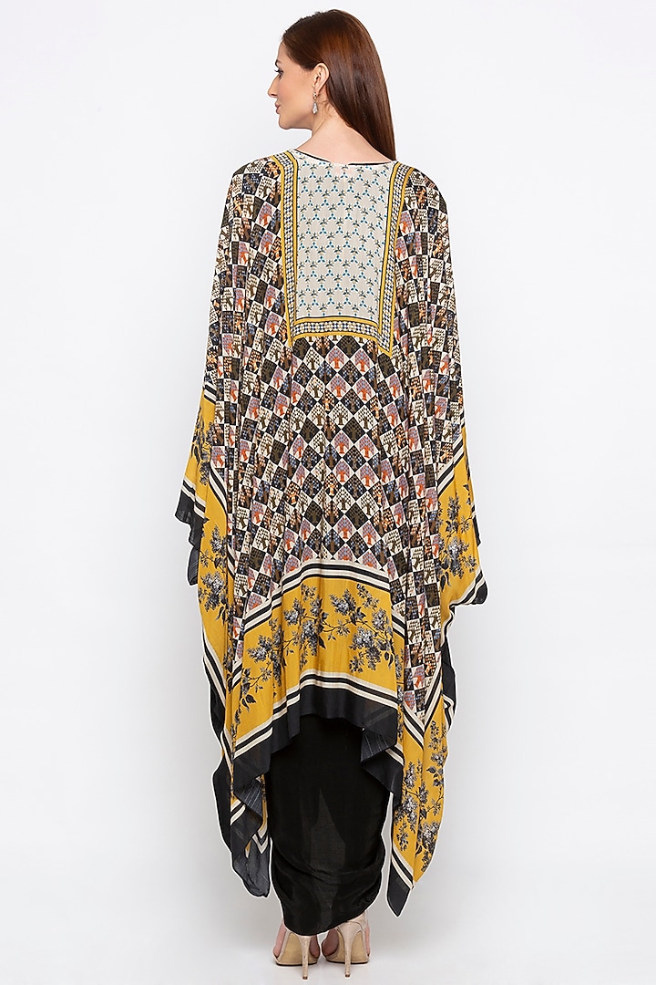 Yellow Embroidered Printed Cape Jacket With Black Vacation Dress by Soup by Sougat Paul at Pernia's Pop Up Shop