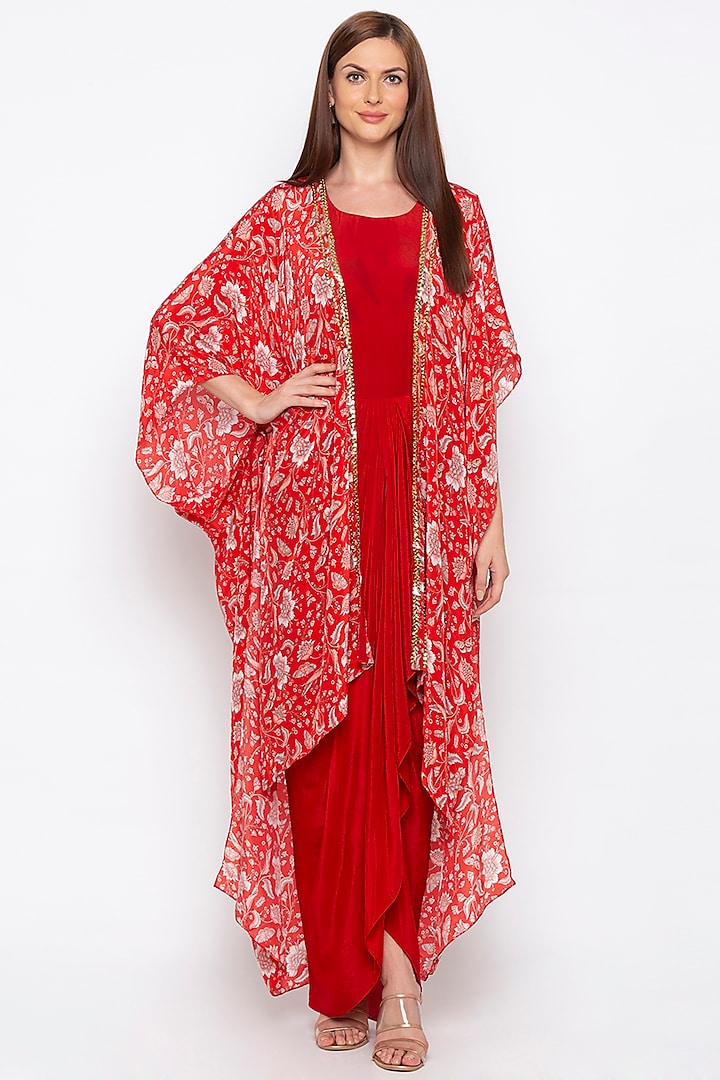 Red Draped Dress With Embroidered Printed Cape Jacket by Soup by Sougat Paul