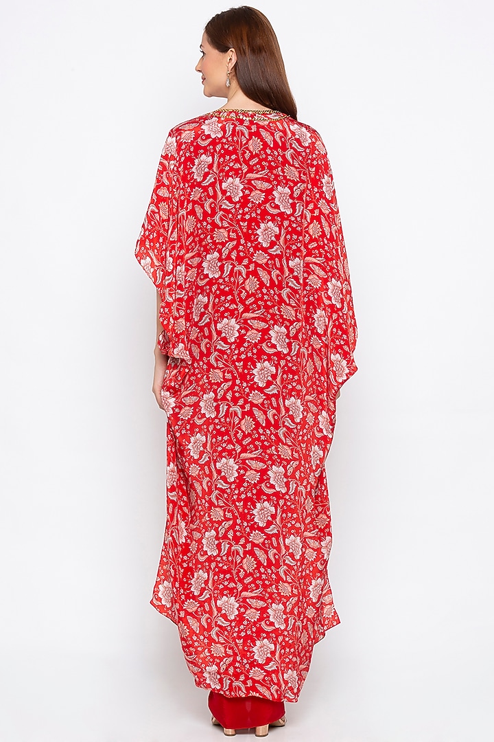 Red Draped Vacation Dress With Embroidered Printed Cape Jacket by Soup by Sougat Paul at Pernia's Pop Up Shop