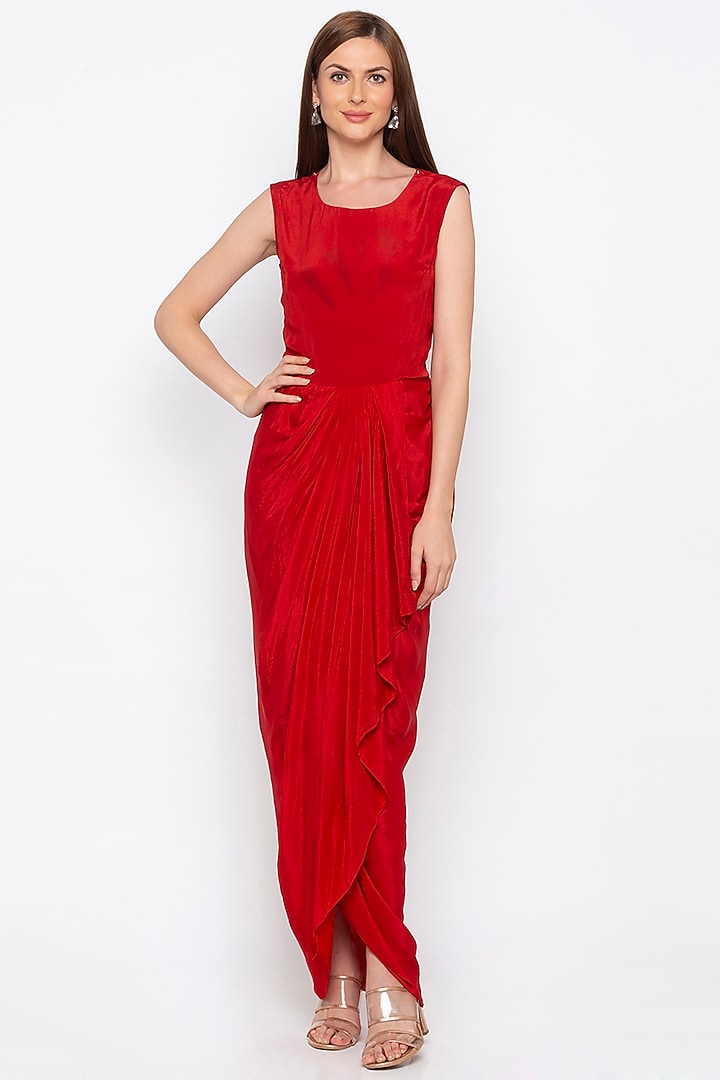 Red Draped Vacation Dress With Embroidered Printed Cape Jacket by Soup by Sougat Paul at Pernia's Pop Up Shop