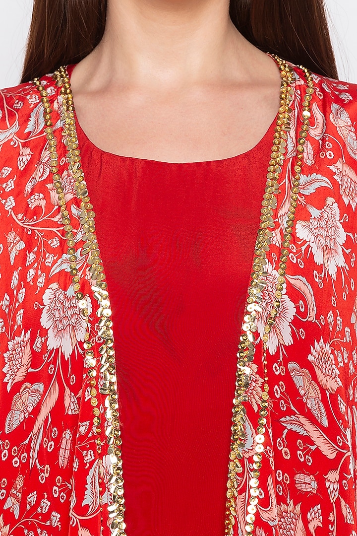 Red Draped Vacation Dress With Embroidered Printed Cape Jacket by Soup by Sougat Paul at Pernia's Pop Up Shop