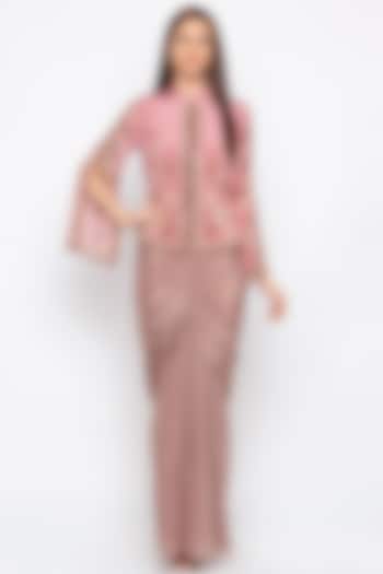 Pink Embroidered Printed Jacket With Draped Skirt by Soup by Sougat Paul