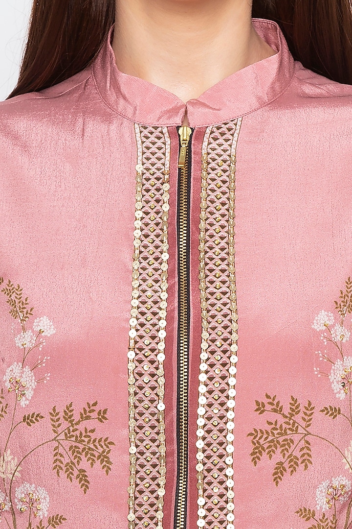 Pink Embroidered Printed Jacket With Draped Skirt by Soup by Sougat Paul at Pernia's Pop Up Shop
