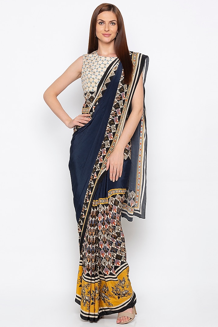 Multi-Colored Crepe Printed & Embroidered Pre-Stitched Saree Set by Soup by Sougat Paul