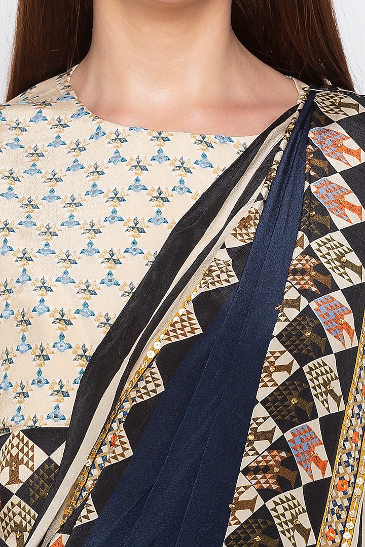 Multi-Colored Crepe Printed & Embroidered Pre-Stitched Party Wear Saree Set by Soup by Sougat Paul at Pernia's Pop Up Shop