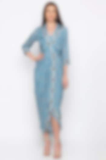 Powder Blue Embroidered & Printed Wrap Dress by Soup by Sougat Paul at Pernia's Pop Up Shop