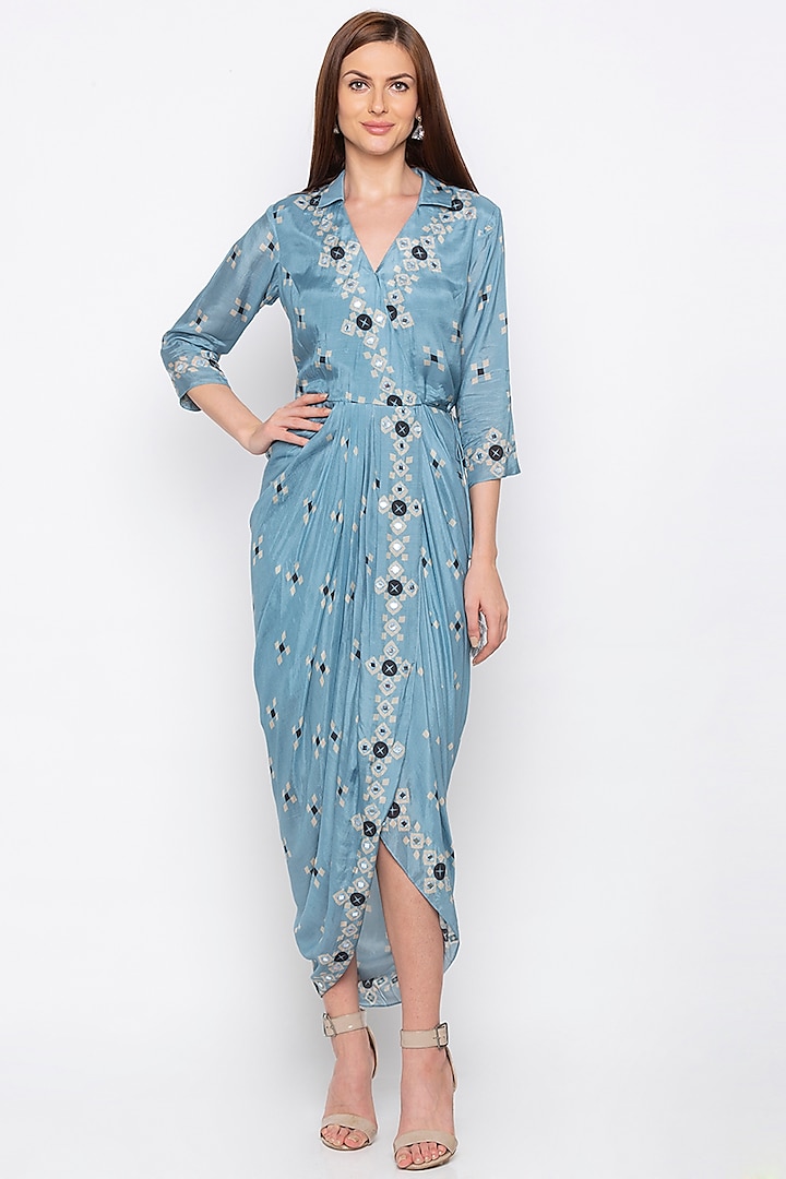 Powder Blue Embroidered & Printed Wrap Dress by Soup by Sougat Paul