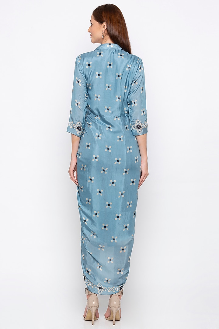 Powder Blue Embroidered & Printed Wrap Summer Dress by Soup by Sougat Paul at Pernia's Pop Up Shop