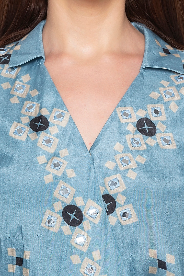 Powder Blue Embroidered & Printed Wrap Summer Dress by Soup by Sougat Paul at Pernia's Pop Up Shop