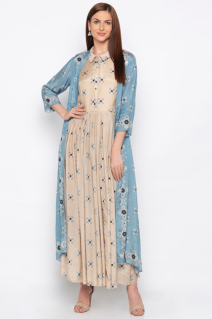 Powder Blue Embroidered Beige Jacket With Pleated Dress by Soup by Sougat Paul
