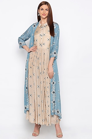 Powder Blue Embroidered Beige Jacket With Pleated Dress by Soup by Sougat Paul
