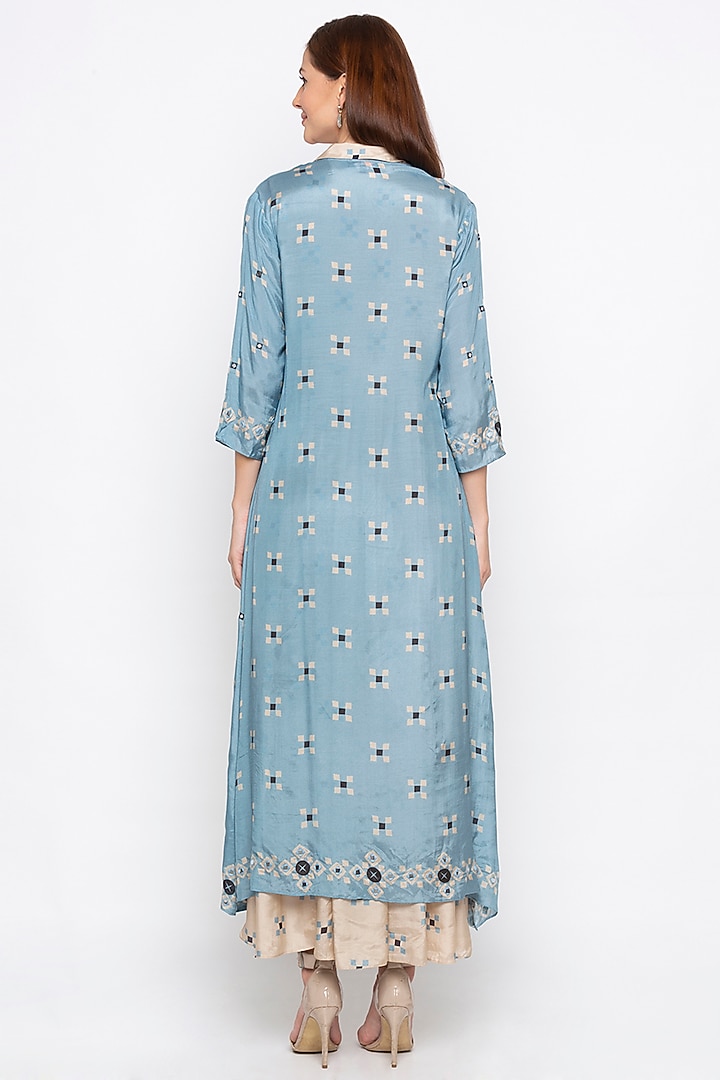 Powder Blue Embroidered Beige Jacket With Pleated Vacation Dress by Soup by Sougat Paul at Pernia's Pop Up Shop