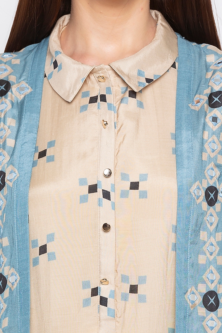 Powder Blue Embroidered Beige Jacket With Pleated Vacation Dress by Soup by Sougat Paul at Pernia's Pop Up Shop