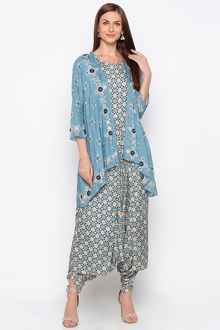 Powder Blue Printed Jumpsuit With Embroidered Jacket by Soup by Sougat Paul