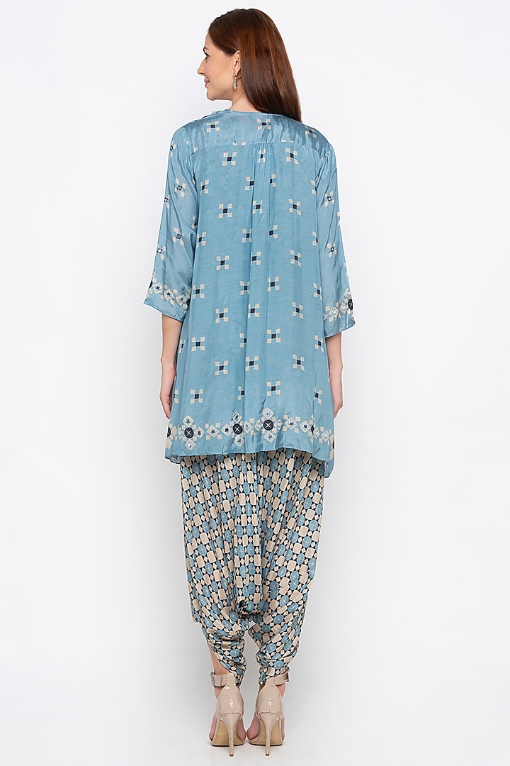 Powder Blue Printed Jumpsuit With Embroidered Jacket by Soup by Sougat Paul at Pernia's Pop Up Shop