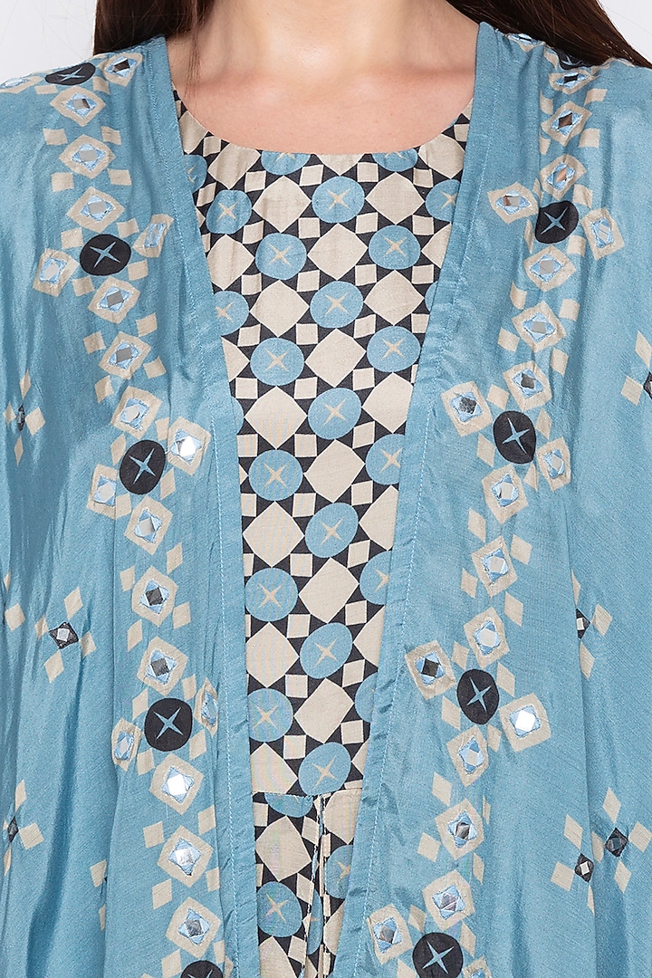 Powder Blue Printed Jumpsuit With Embroidered Jacket by Soup by Sougat Paul at Pernia's Pop Up Shop