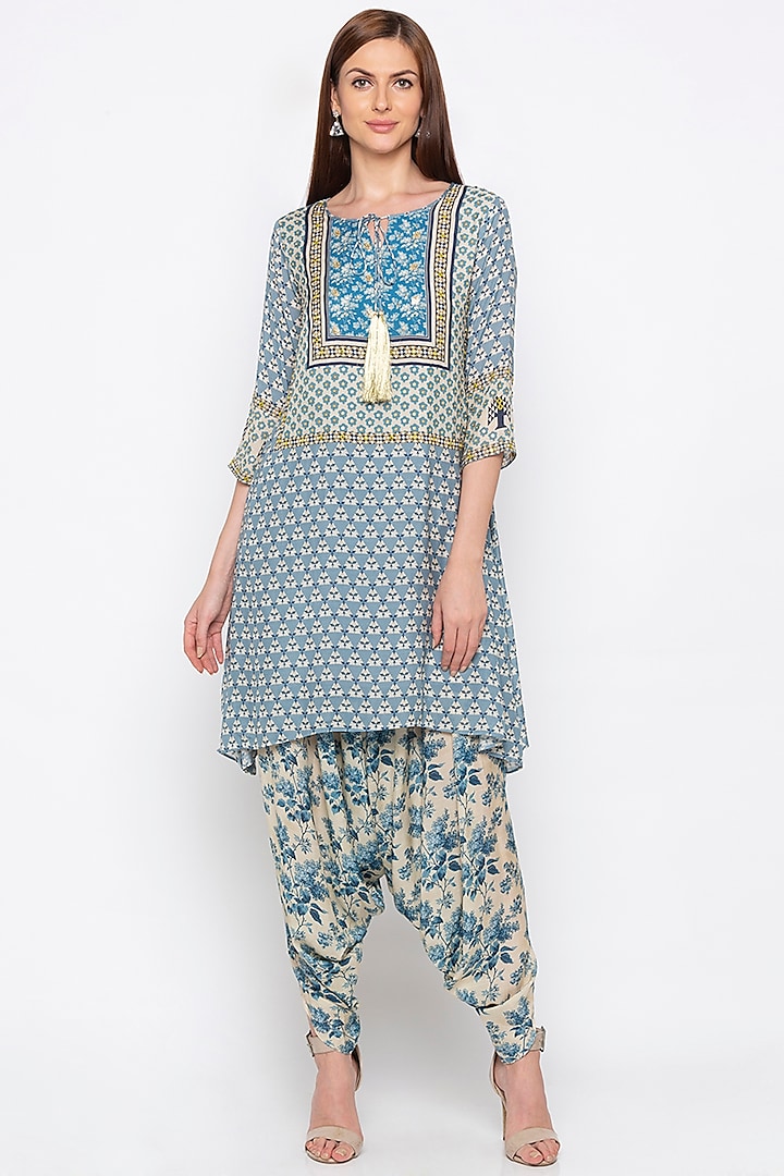 Blue & Off White Embroidered Printed Kurta With Dhoti Pants by Soup by Sougat Paul