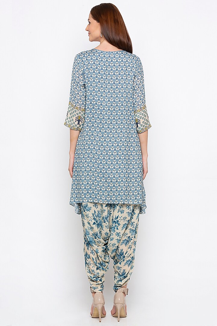 Blue & Off White Embroidered Printed Kurta With Dhoti Pants by Soup by Sougat Paul at Pernia's Pop Up Shop