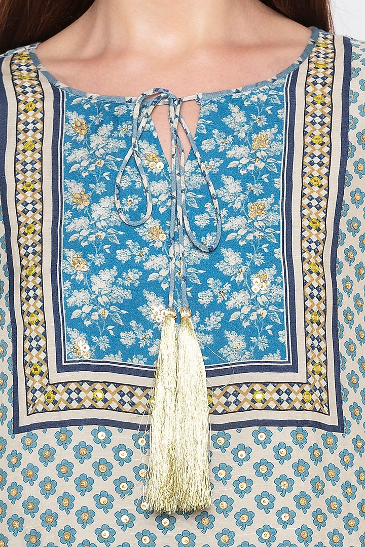 Blue & Off White Embroidered Printed Kurta With Dhoti Pants by Soup by Sougat Paul at Pernia's Pop Up Shop