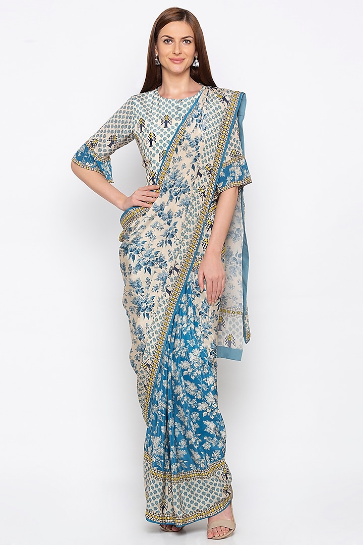 Blue & Off White Embroidered Pre-Stitched Saree Set by Soup by Sougat Paul