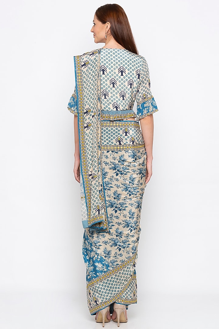 Blue & Off White Embroidered Pre-Stitched Party Wear Saree Set by Soup by Sougat Paul at Pernia's Pop Up Shop