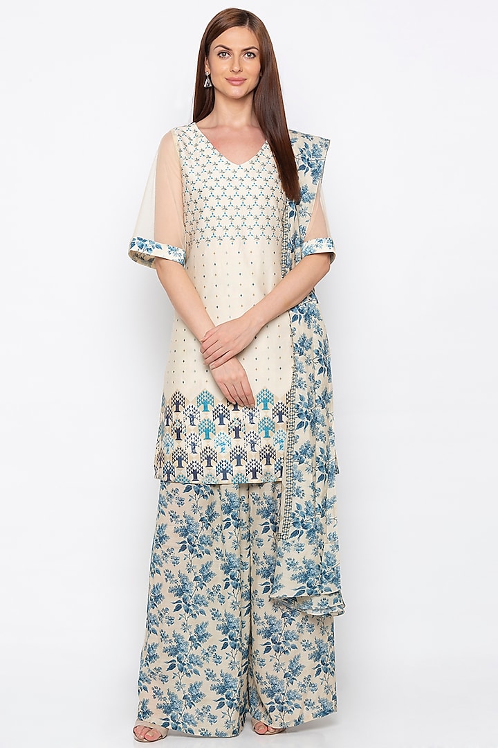 Blue & Off White Embroidered Printed Kurta Set by Soup by Sougat Paul