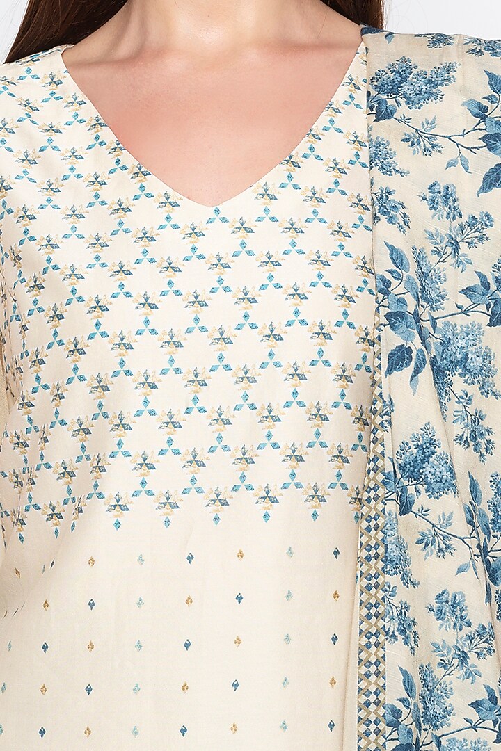 Blue & Off White Embroidered Printed Kurta Set by Soup by Sougat Paul at Pernia's Pop Up Shop