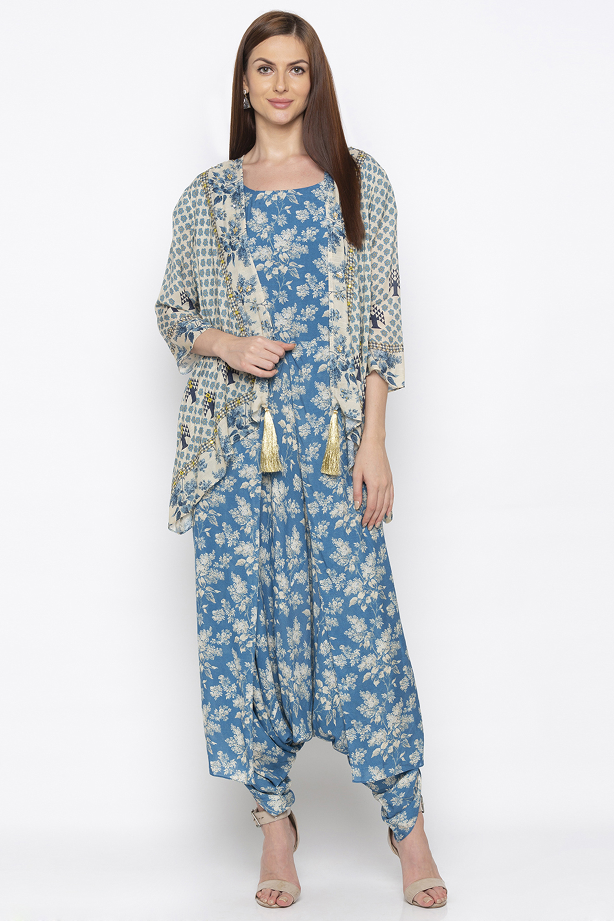 Blue & Off White Printed Jumpsuit With Embroidered Jacket by Soup by Sougat Paul at Pernia's Pop Up Shop
