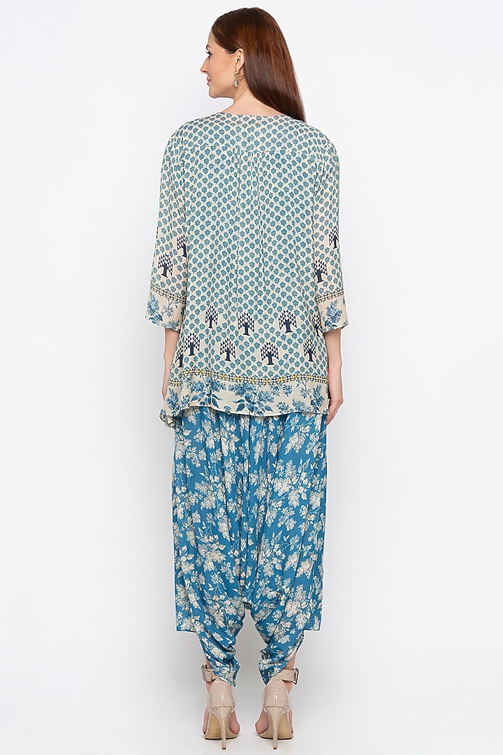 Blue & Off White Printed Jumpsuit With Embroidered Jacket by Soup by Sougat Paul at Pernia's Pop Up Shop