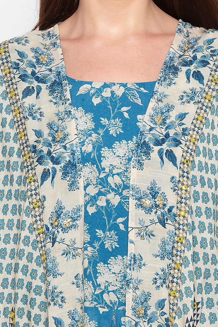 Blue & Off White Printed Jumpsuit With Embroidered Jacket by Soup by Sougat Paul at Pernia's Pop Up Shop