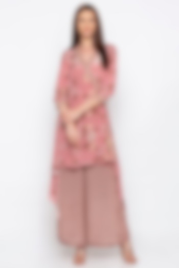 Pink Embroidered High-Low Kurta With Printed Palazzo Pants by Soup by Sougat Paul
