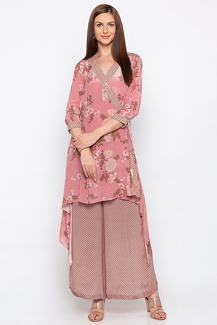 Pink Embroidered High-Low Kurta With Printed Palazzo Pants by Soup by Sougat Paul