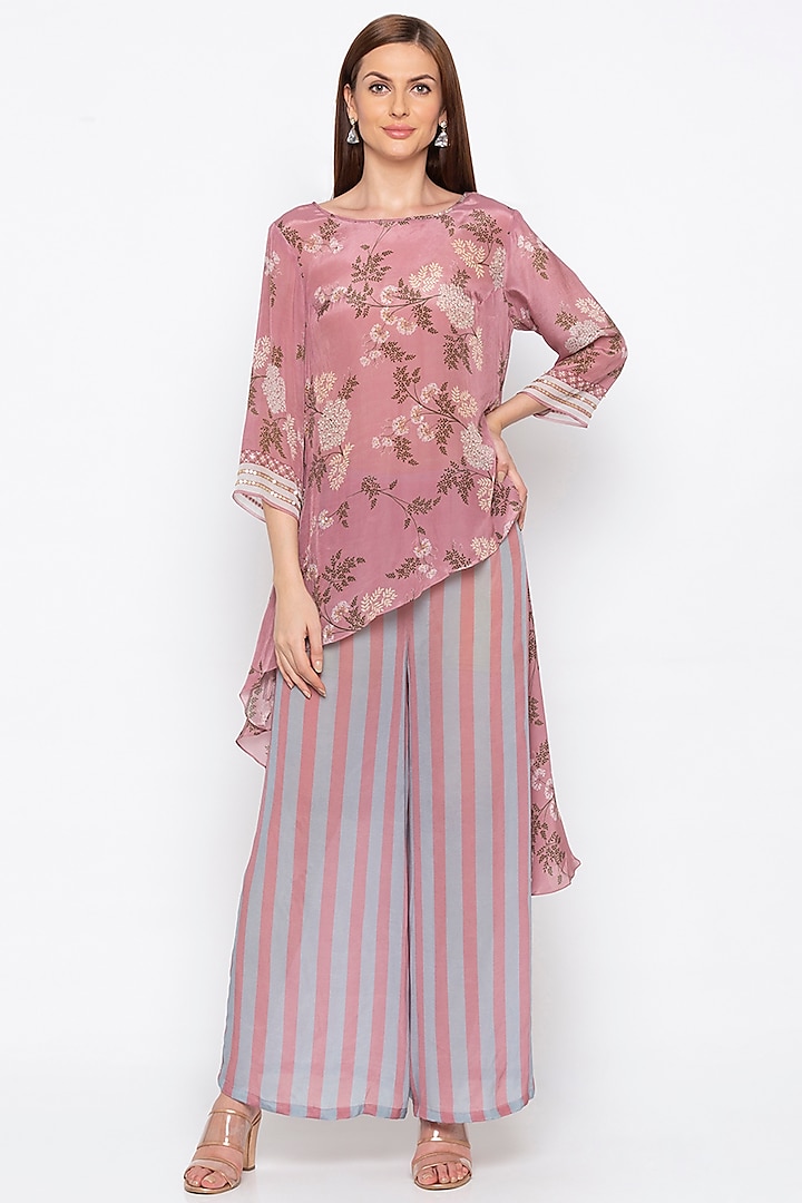 Pink Printed Kurta With Striped Palazzo Pants by Soup by Sougat Paul