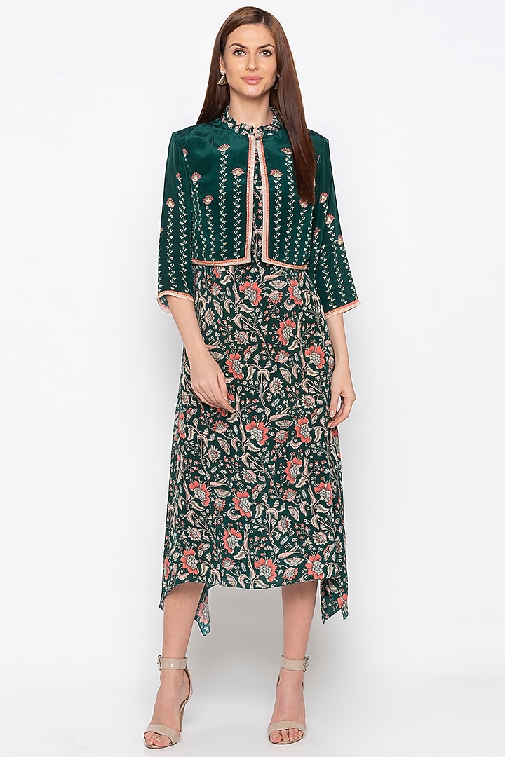 Green Printed Summer Dress With Embroidered Jacket by Soup by Sougat Paul at Pernia's Pop Up Shop
