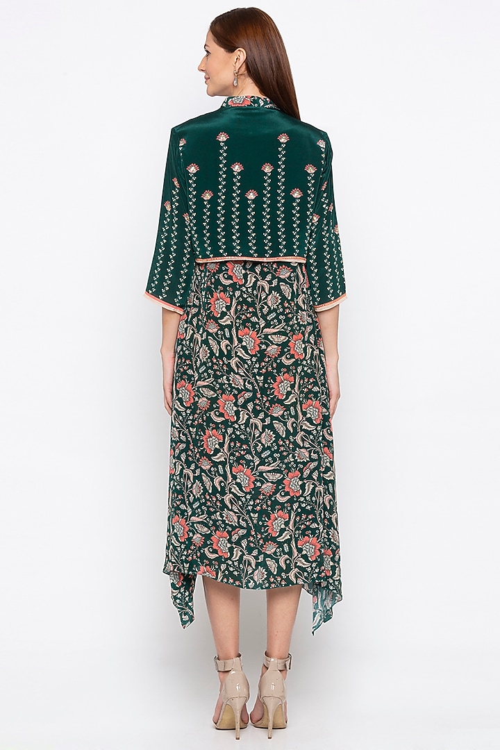 Green Printed Summer Dress With Embroidered Jacket by Soup by Sougat Paul at Pernia's Pop Up Shop