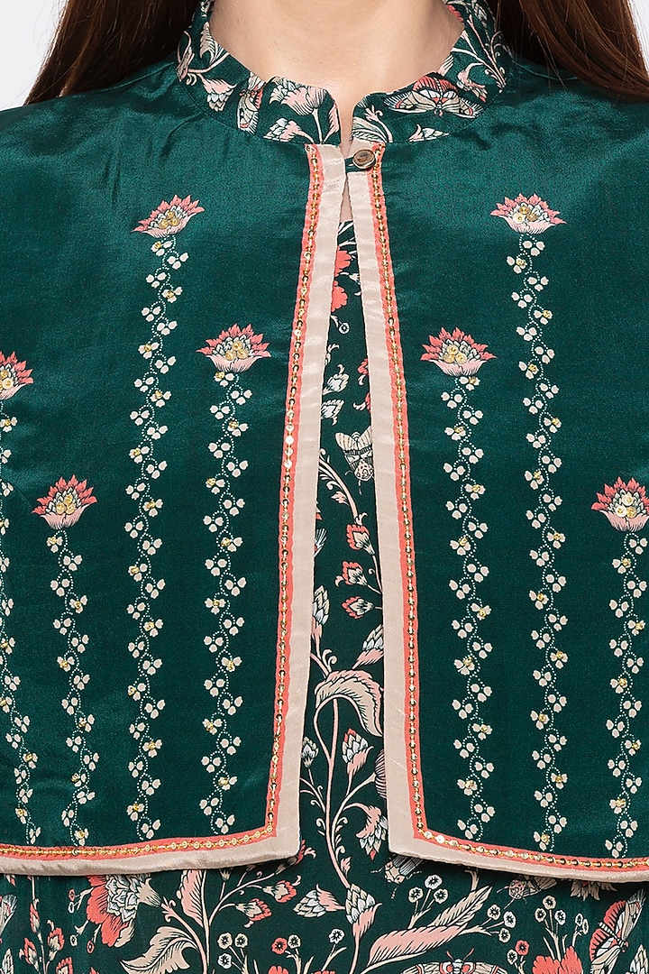 Green Printed Summer Dress With Embroidered Jacket by Soup by Sougat Paul at Pernia's Pop Up Shop