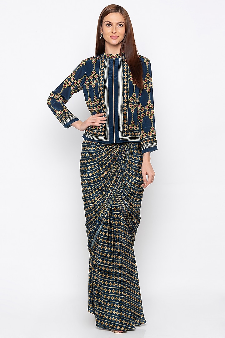 Blue Printed & Embroidered Jacket With Draped Skirt by Soup by Sougat Paul