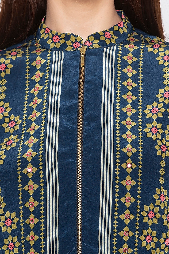Blue Printed & Embroidered Jacket With Draped Skirt by Soup by Sougat Paul at Pernia's Pop Up Shop